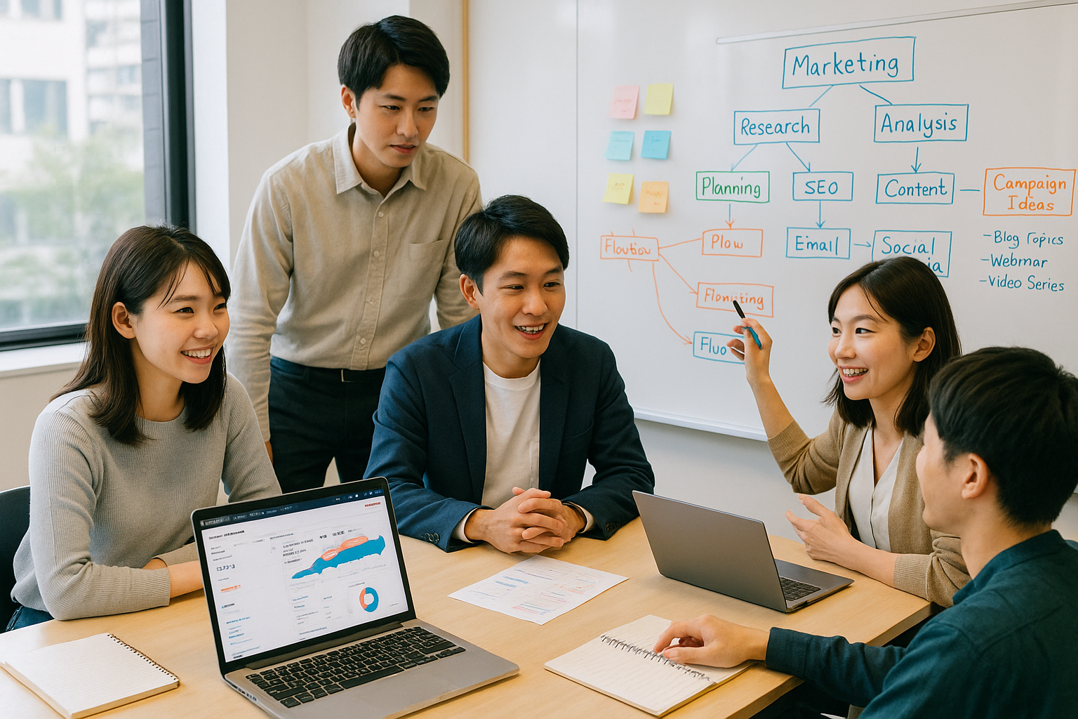 日本のマーケティングチームがHubSpotを活用しチームでディスカッションしているシーン。ノートPC、グラフ、ダッシュボードが印象的なオフィス。